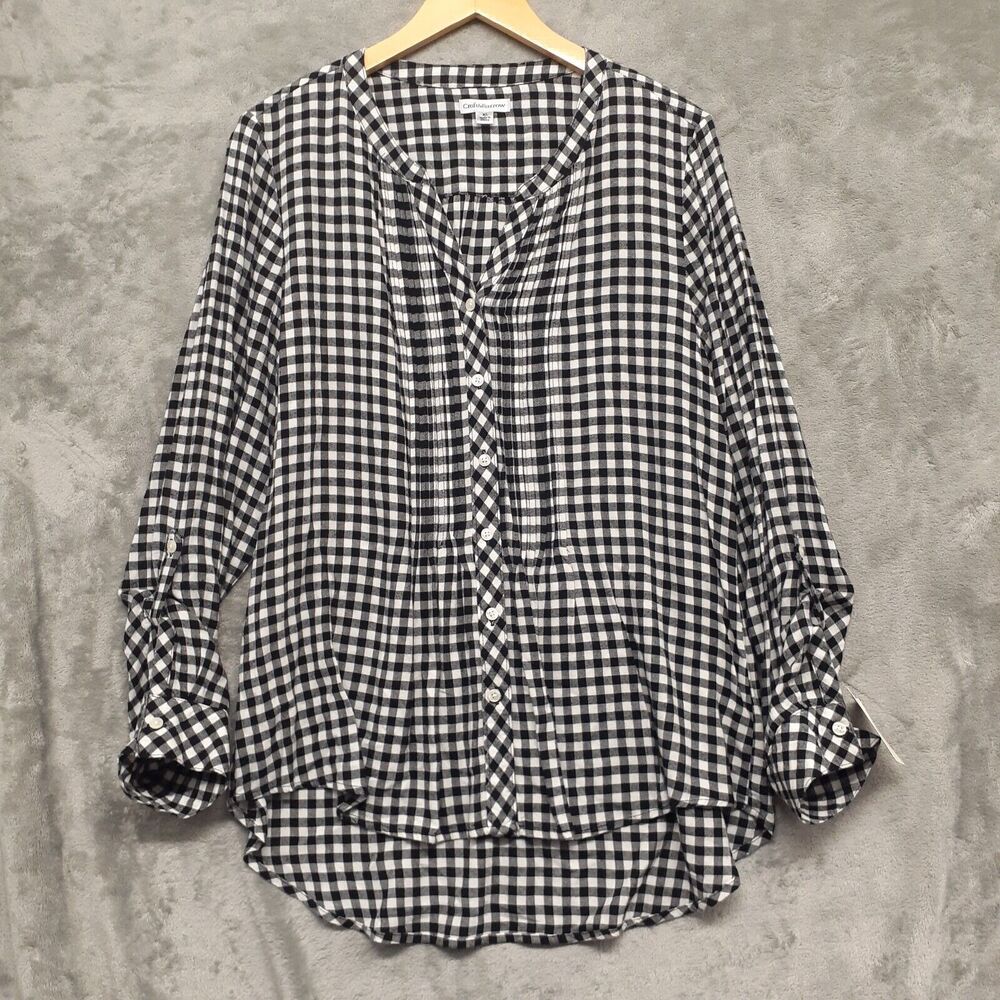 Croft & Barrow Black and White Plaid Button Down Tunic Length Shirt Size XL